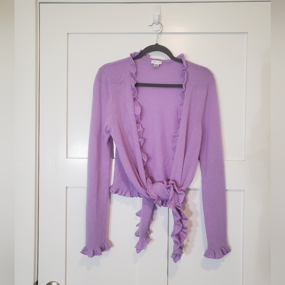 Investments Fine Cashmere Ruffled Open Front Cropped Cardigan Lavender Size S/M